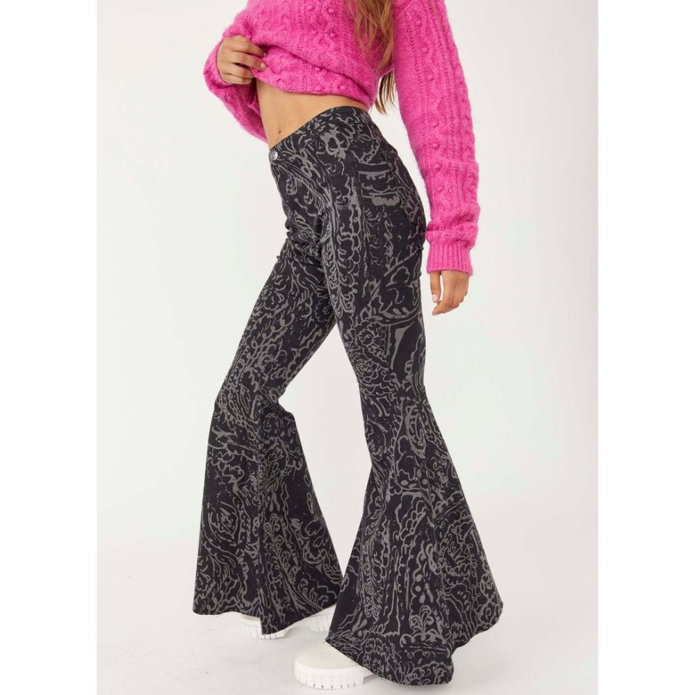NWT Free People Just Float On Printed Flare Jeans / Black Paisley